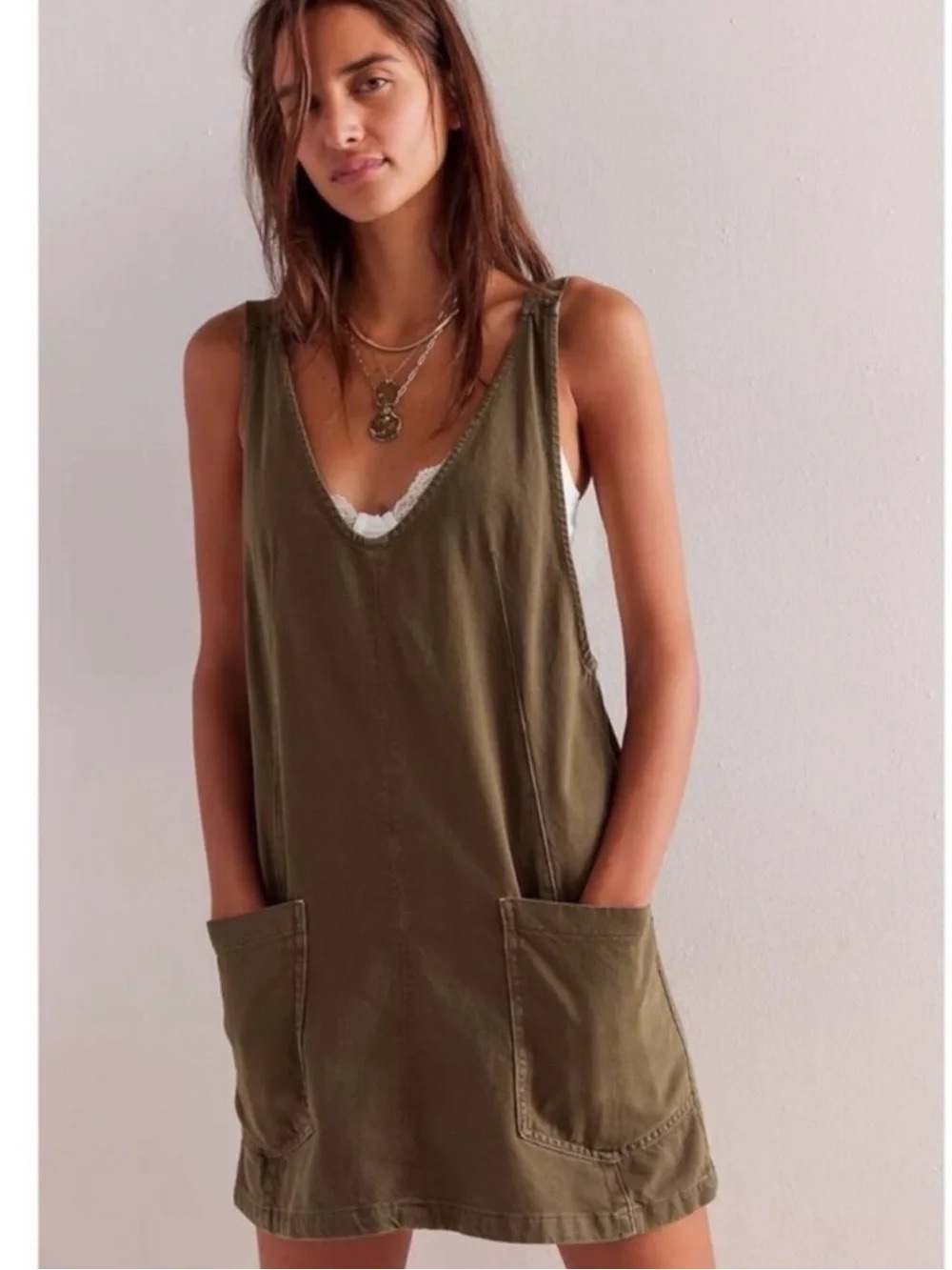 Free People We The Free High Roller Denim Overall Dress Moss Stone XL NWT
